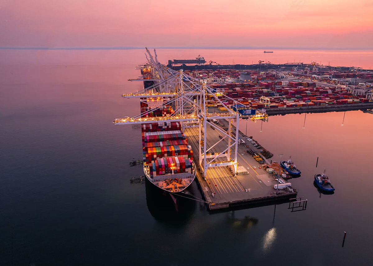 nave container ferma in un porto con visuale sui terminal occupati dai container . Veduta notturna
